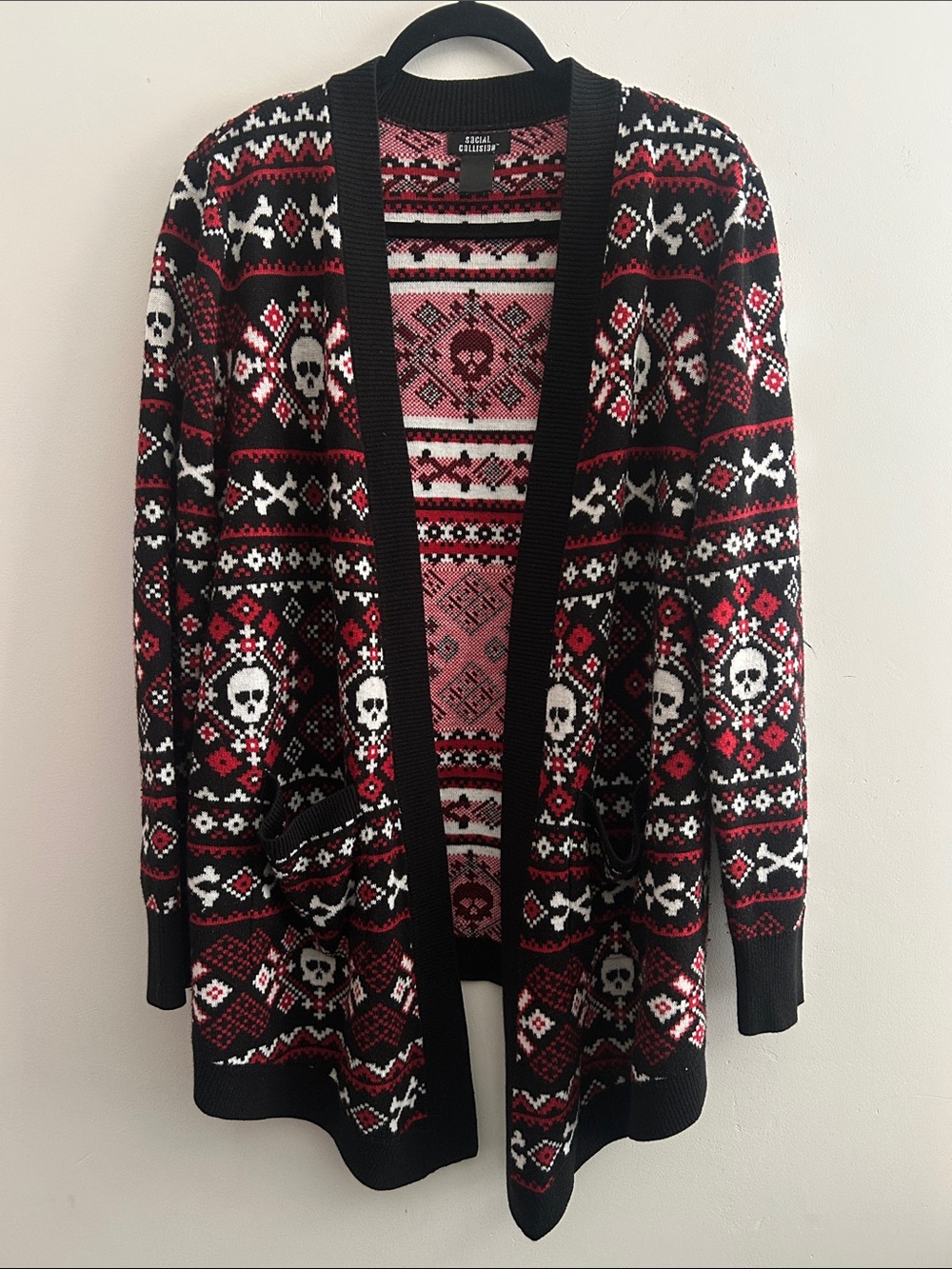 Open-Front Skull Fair Isle Cardigan Sweater - Black & Red